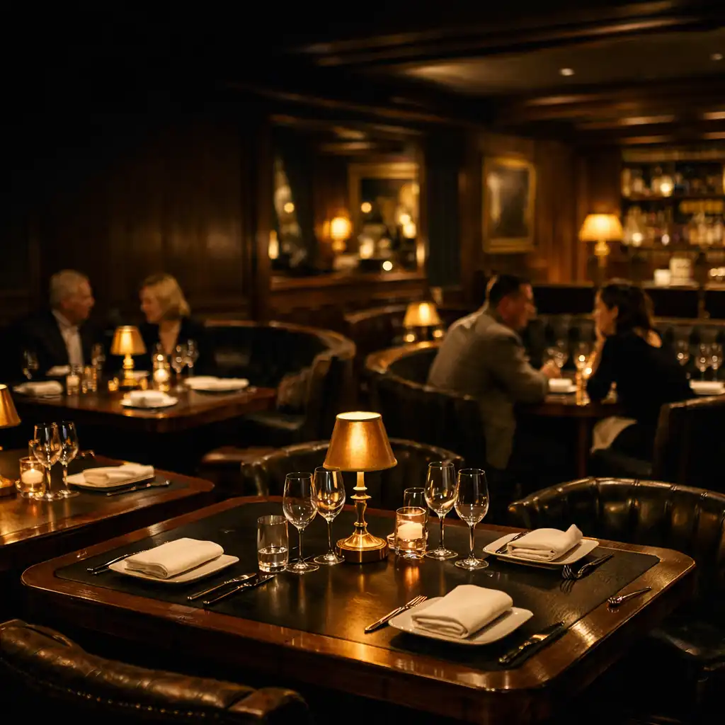 Warmly lit dining tables within The Amber Token card lounge
