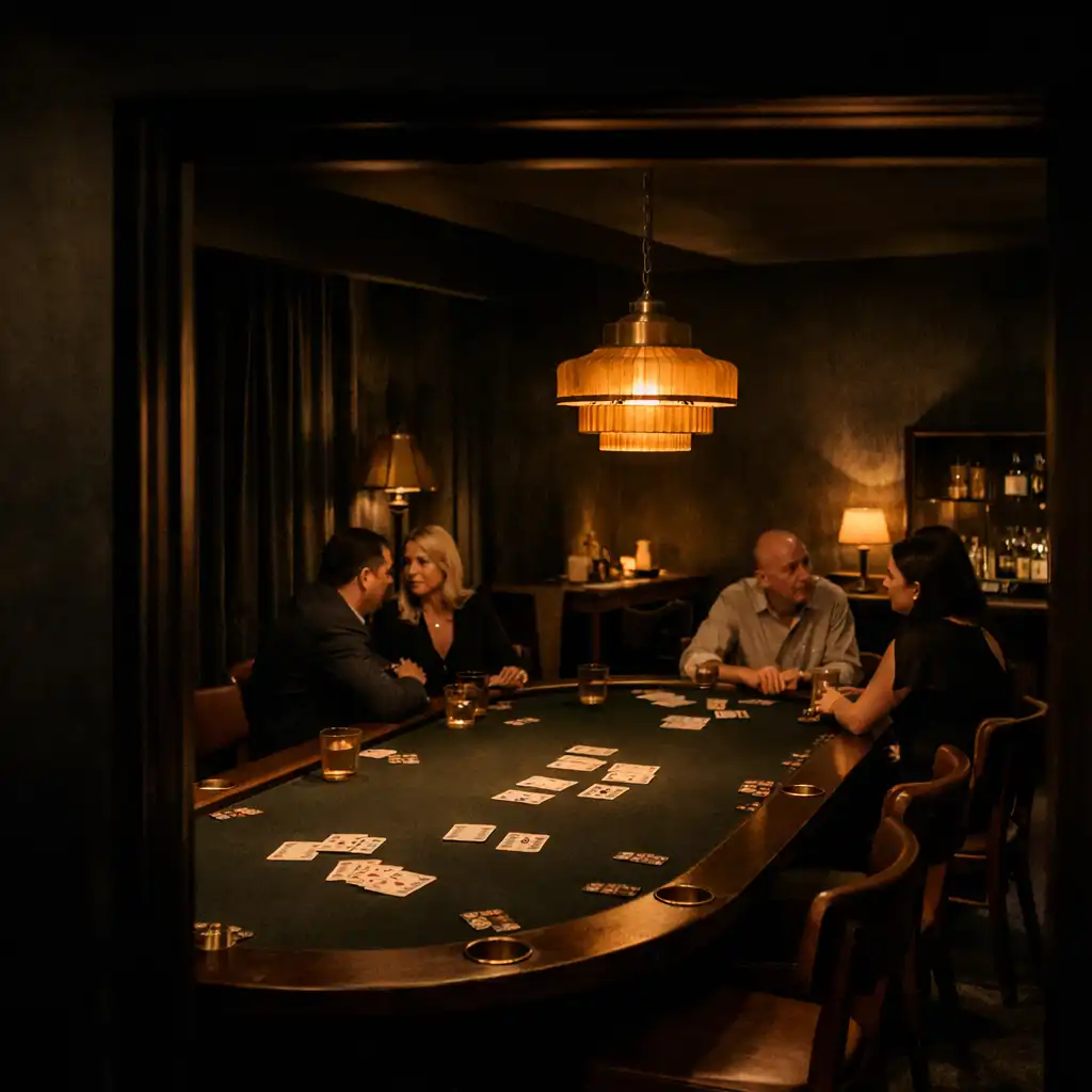 A warmly lit Card Room with a long felt-topped table, timber chairs and guests in quiet conversation