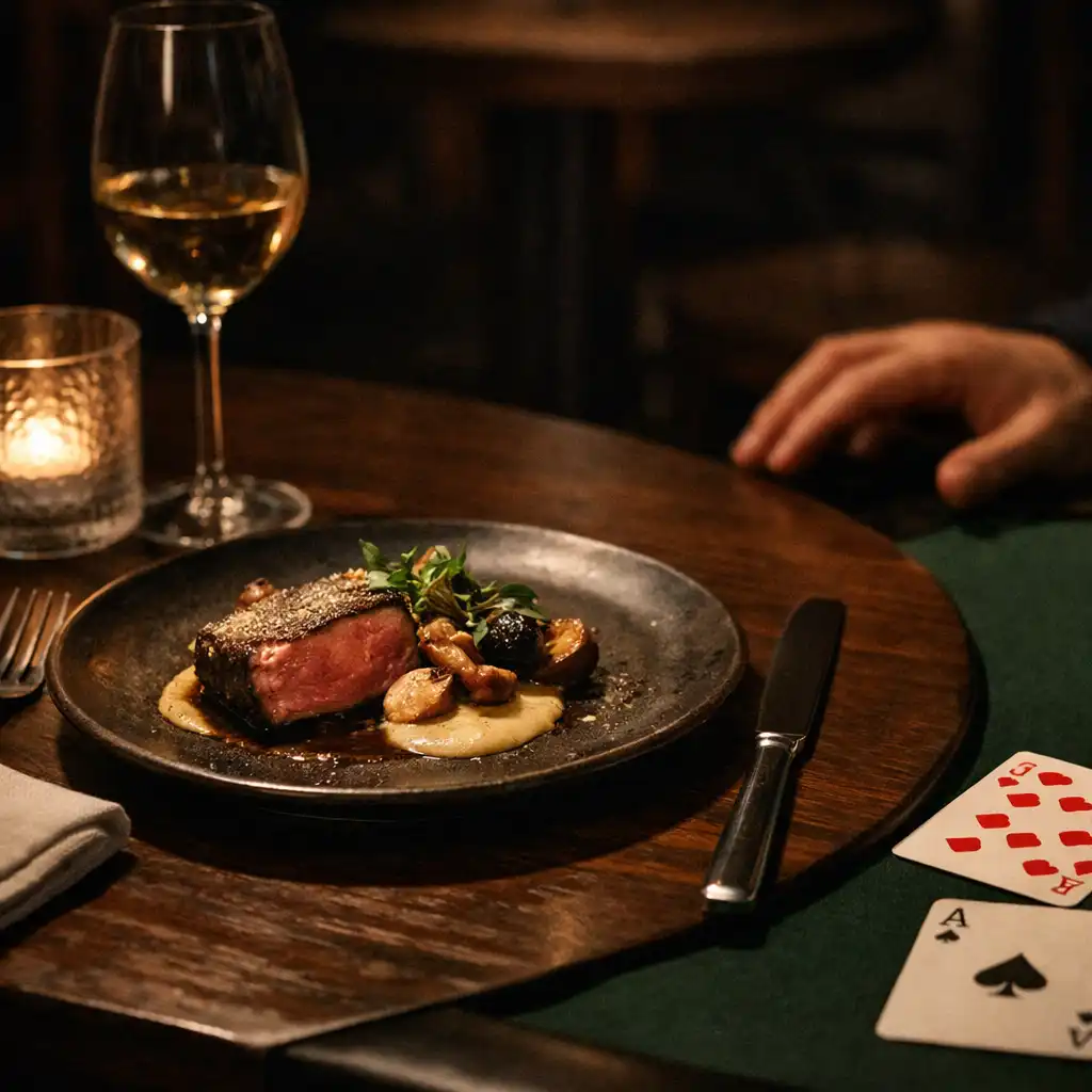 A plated dinner course, linen and candlelit glassware beside the edge of a felt card table