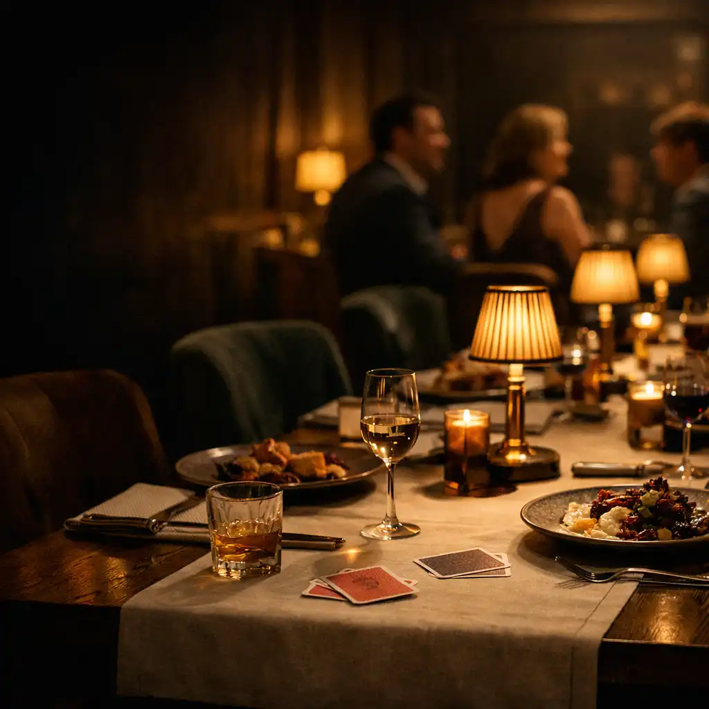 A long table prepared for dinner in The Amber Token card lounge