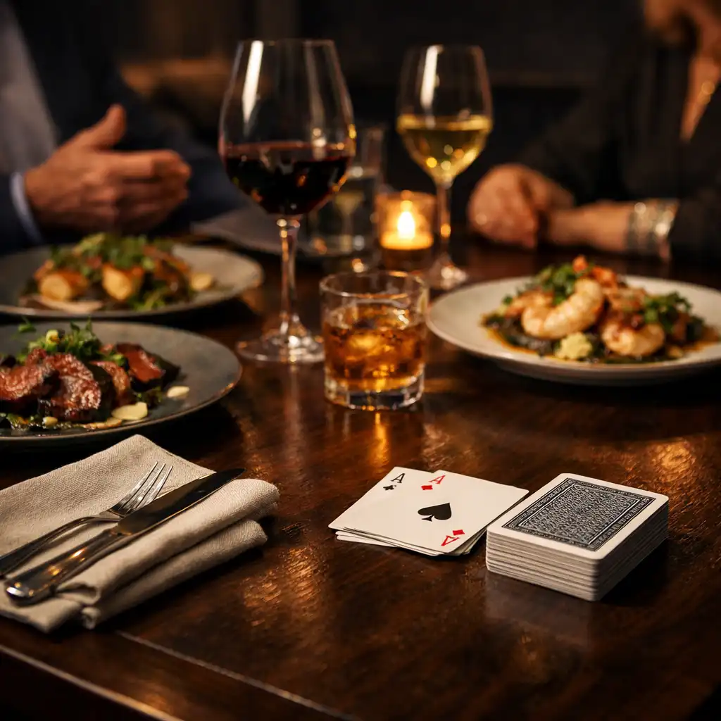 Plated food, linen and stemware on a dark timber table beside a neatly arranged deck of cards.