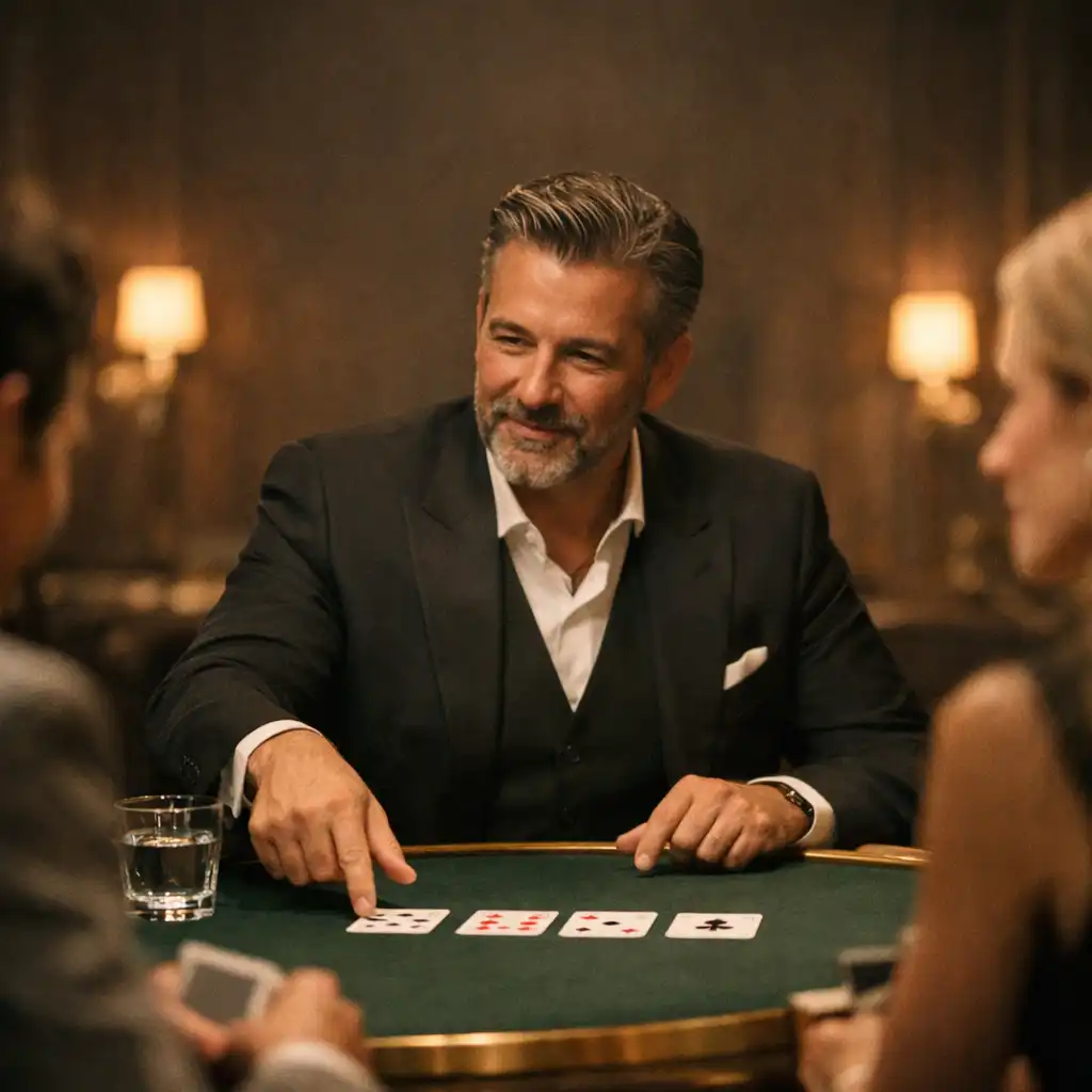 A host gestures gently over a felt-topped table with cards and glassware during an in-person gathering.
