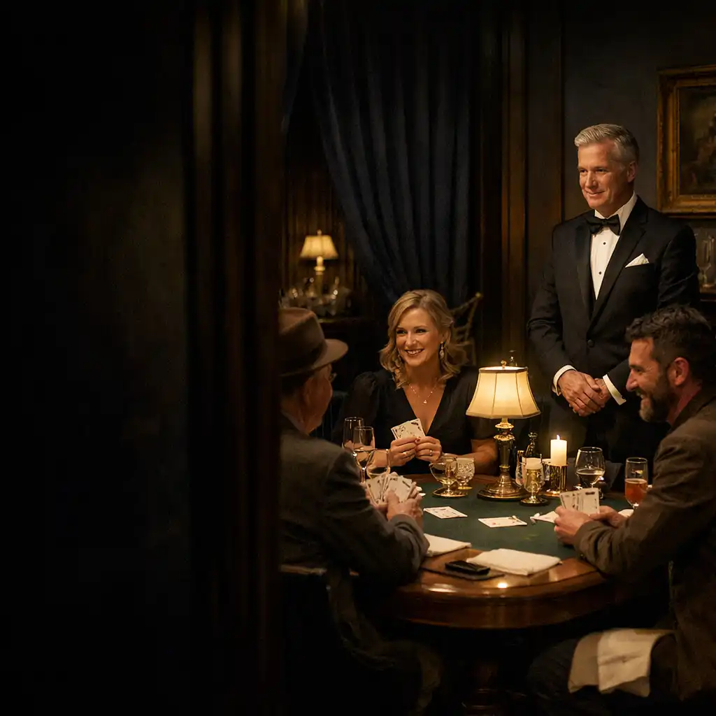 Guests gathered at a warmly lit poker table in The Amber Token card room while a host stands nearby.