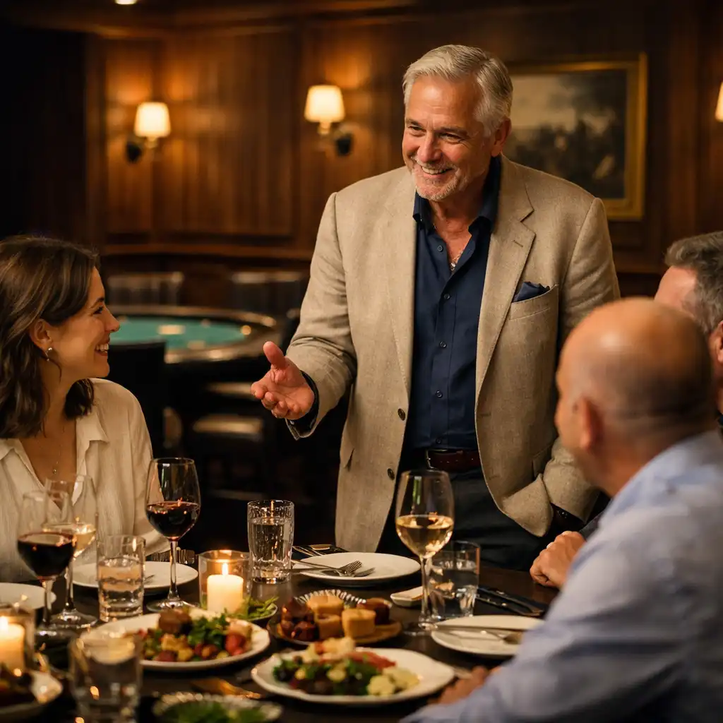 Guests in conversation with a host around a dressed dining table