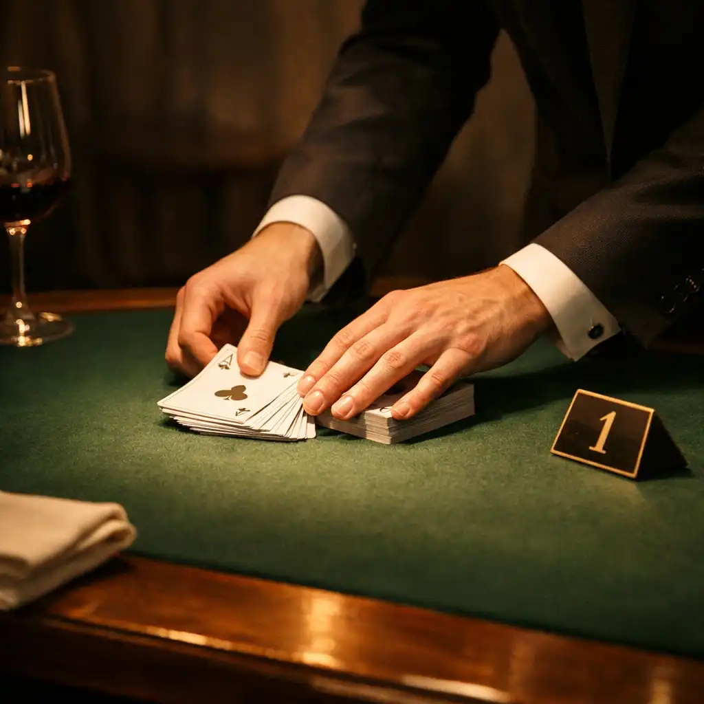 A host preparing cards at a restaurant table