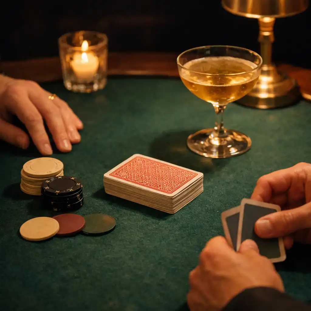 Hands, cards and glassware at a physical poker table