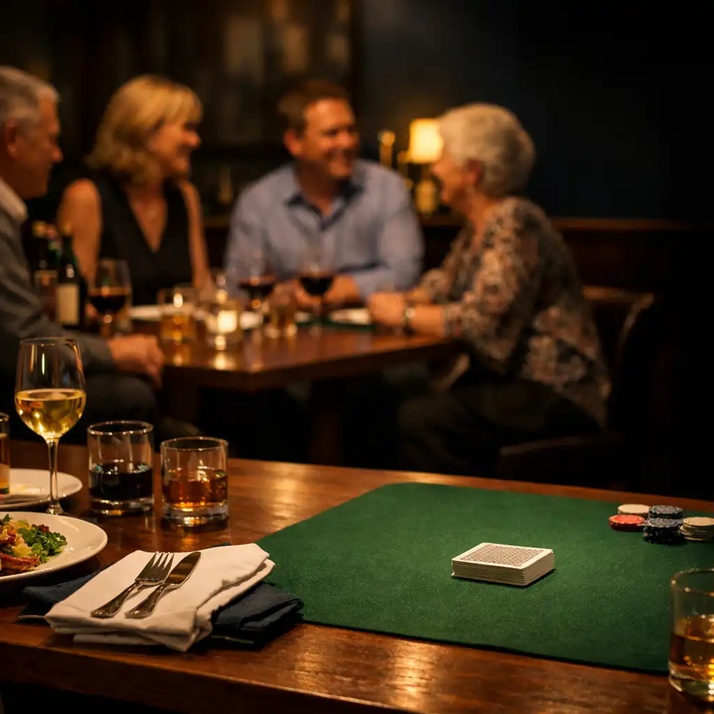 Guests conversing around a restaurant table with dishes, glassware and a cleared felt section