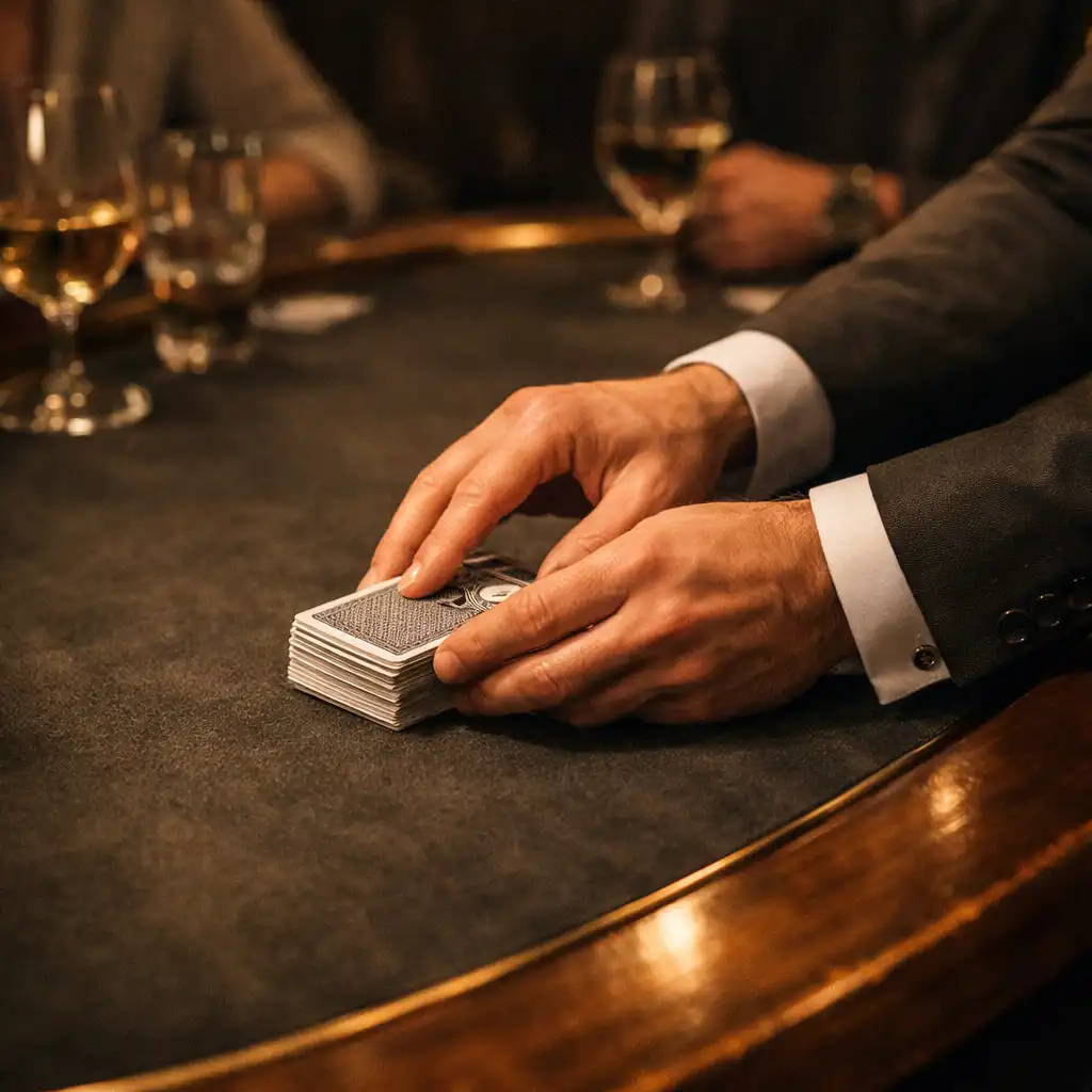 A host preparing a refined felt card table with glassware nearby