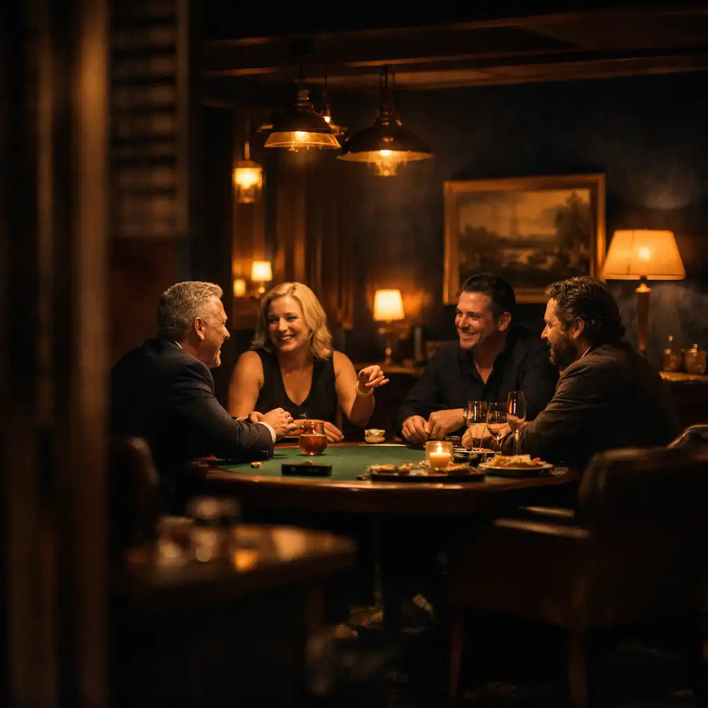 A small group gathered around a polished card table in a secluded, warmly lit restaurant lounge