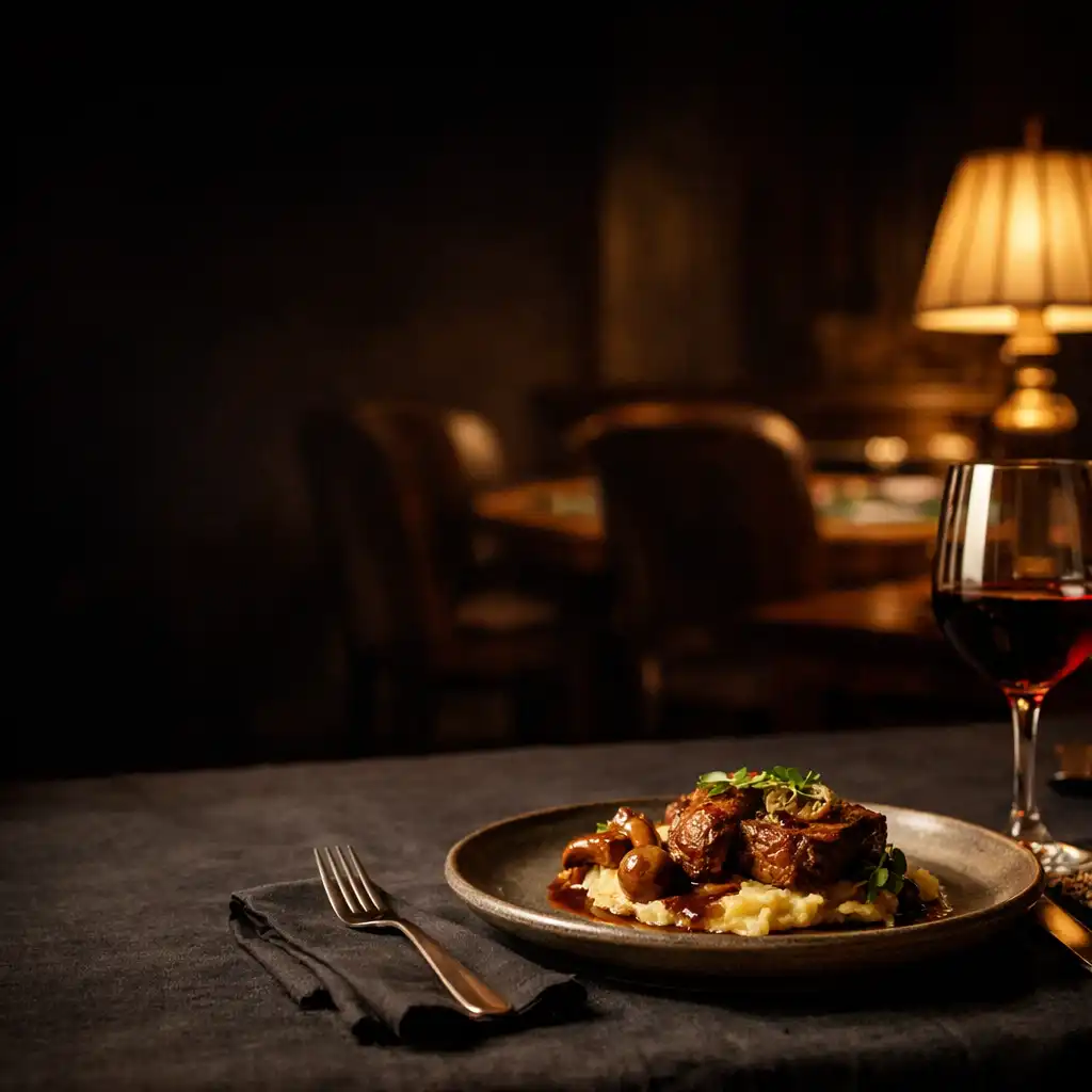 A plated evening dish and stemmed glass on a dark linen table in the card-room setting