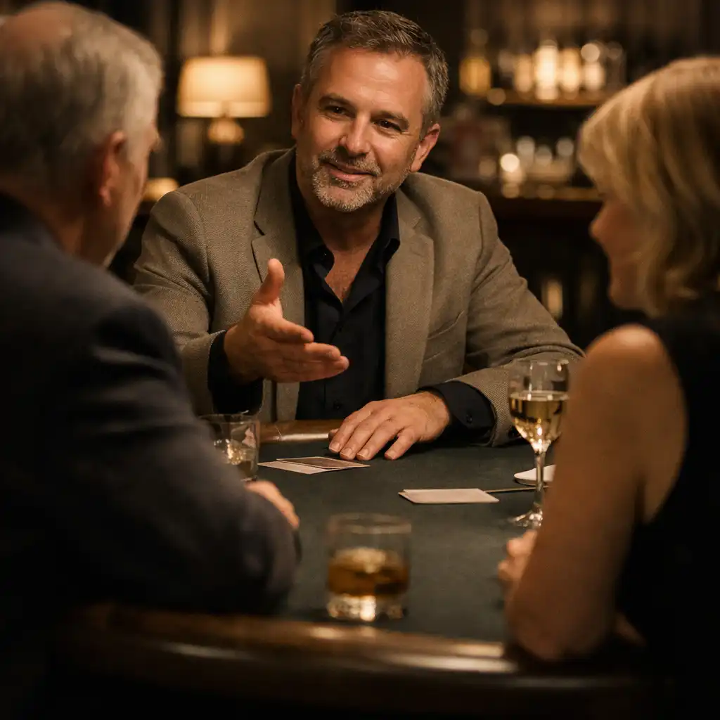 An adult host gesturing at a felt-covered table while guests sit together in conversation