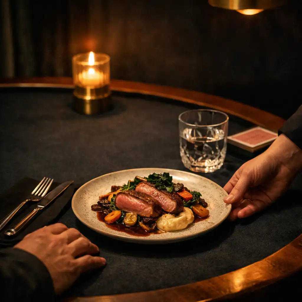 A plated course beside felt, glassware and a discreet deck of cards